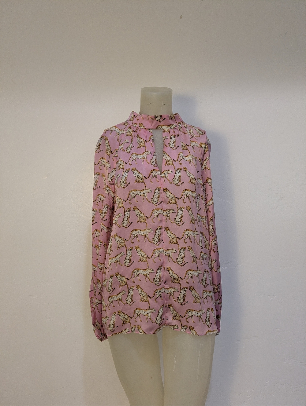 Milly Pink Cheetah-Print Keyhole Ruffle Blouse